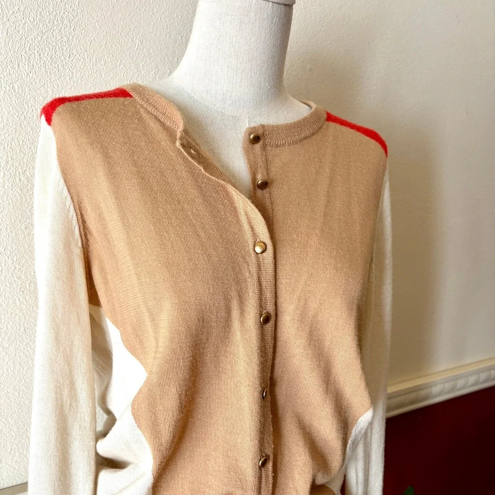 Sezane Virgin Wool Colorblock Cardigan Tan Cream Red L Quiet Luxury Chic Stretch